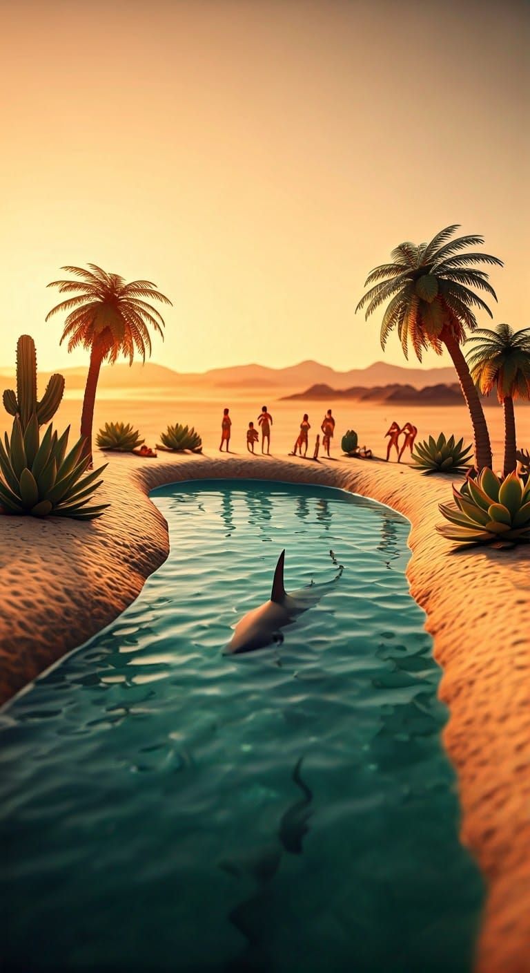 Desert Oasis Miniature with Shark in Cinematic Style