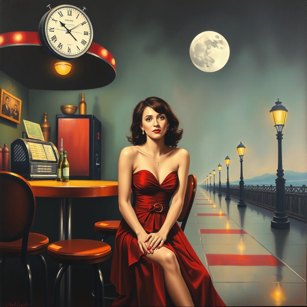 Surreal Diner Scene with Woman in Red Dress