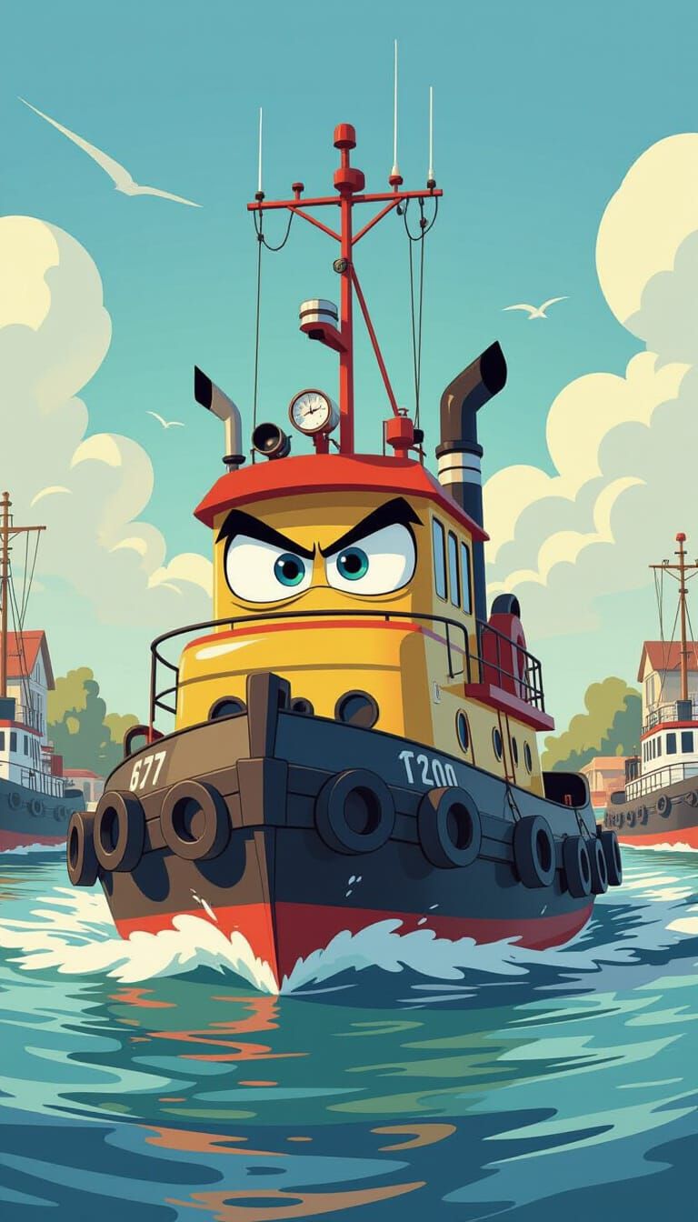Mean Bully Tug Boat in Vintage Cartoon Style