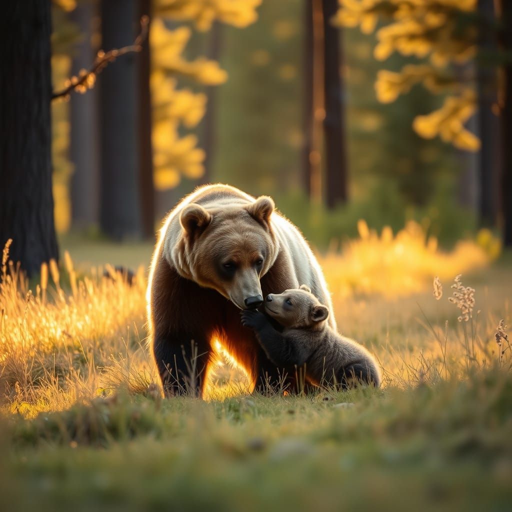 A mother bear and her cub in a forest