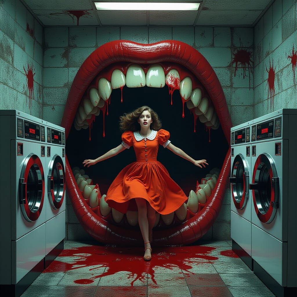Horror Laundromat Devours Girl in Gothic Etching Style