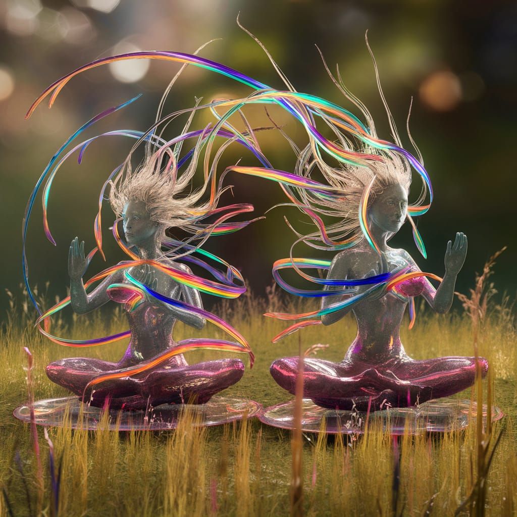 Glass Figures in Lotus Position on Meadow