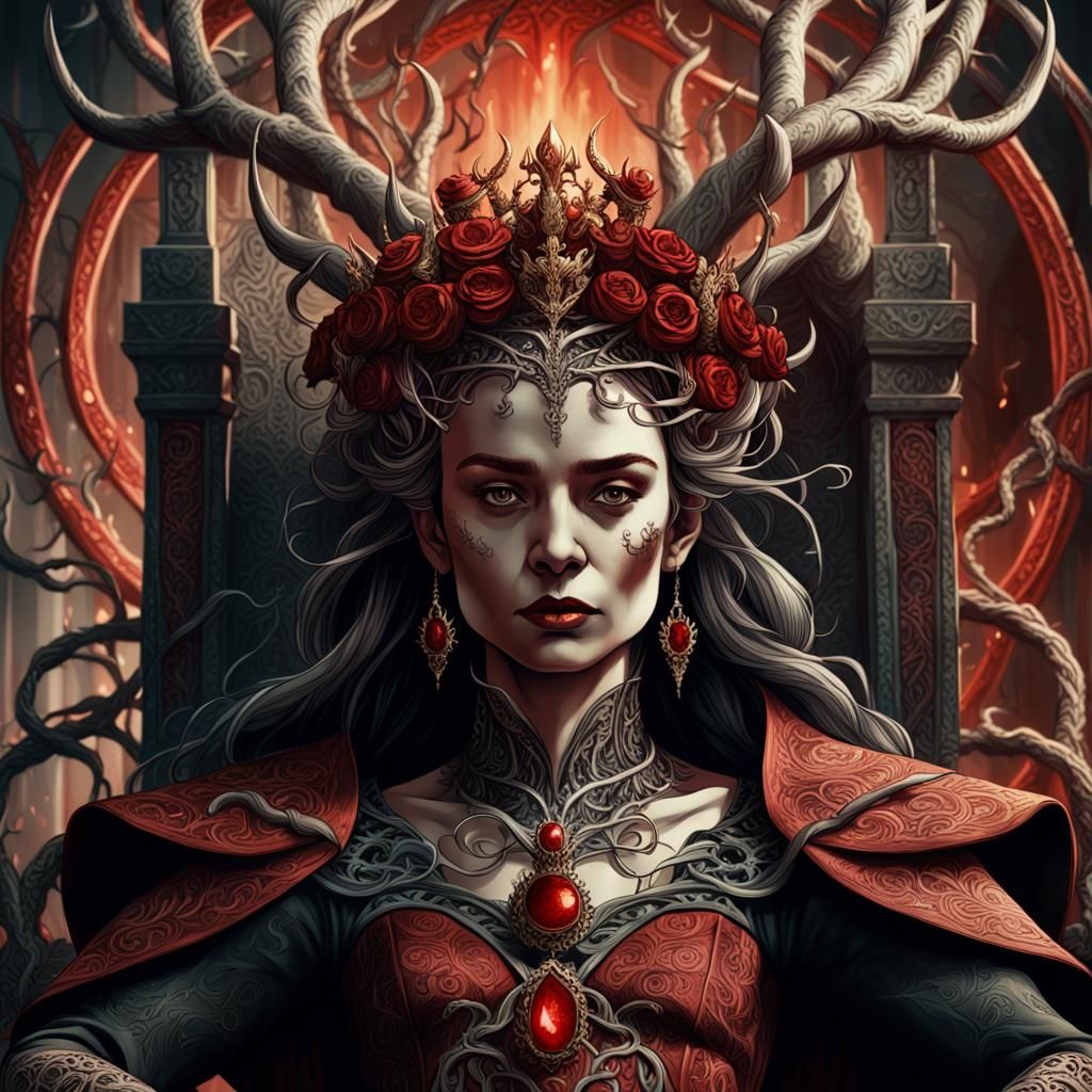 Regal Horned Woman on Throne: Dark Fantasy Art