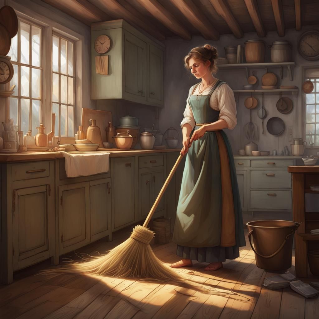 Woman Sweeping Kitchen Floor, Digital Art Portrait