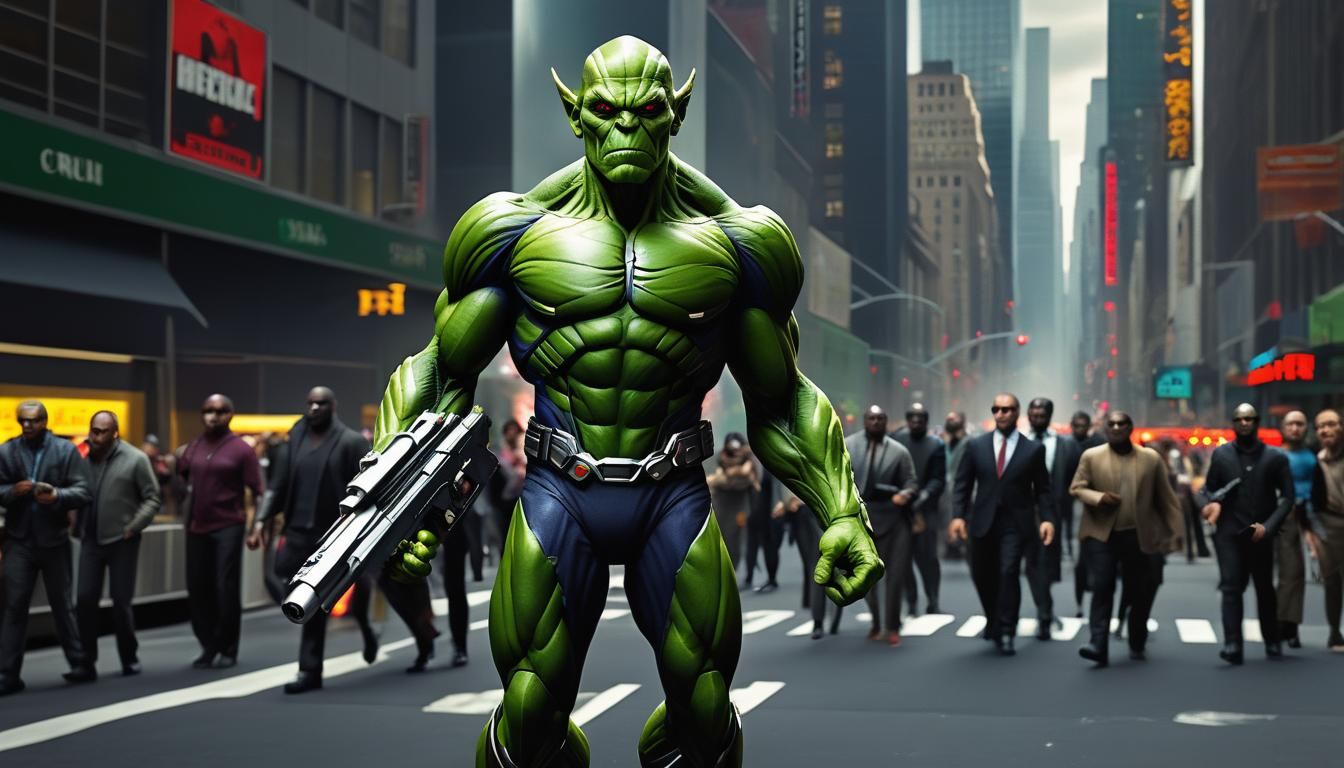 A Skrull Warrior, Green skin, pointed ears, very wrinkled fo...