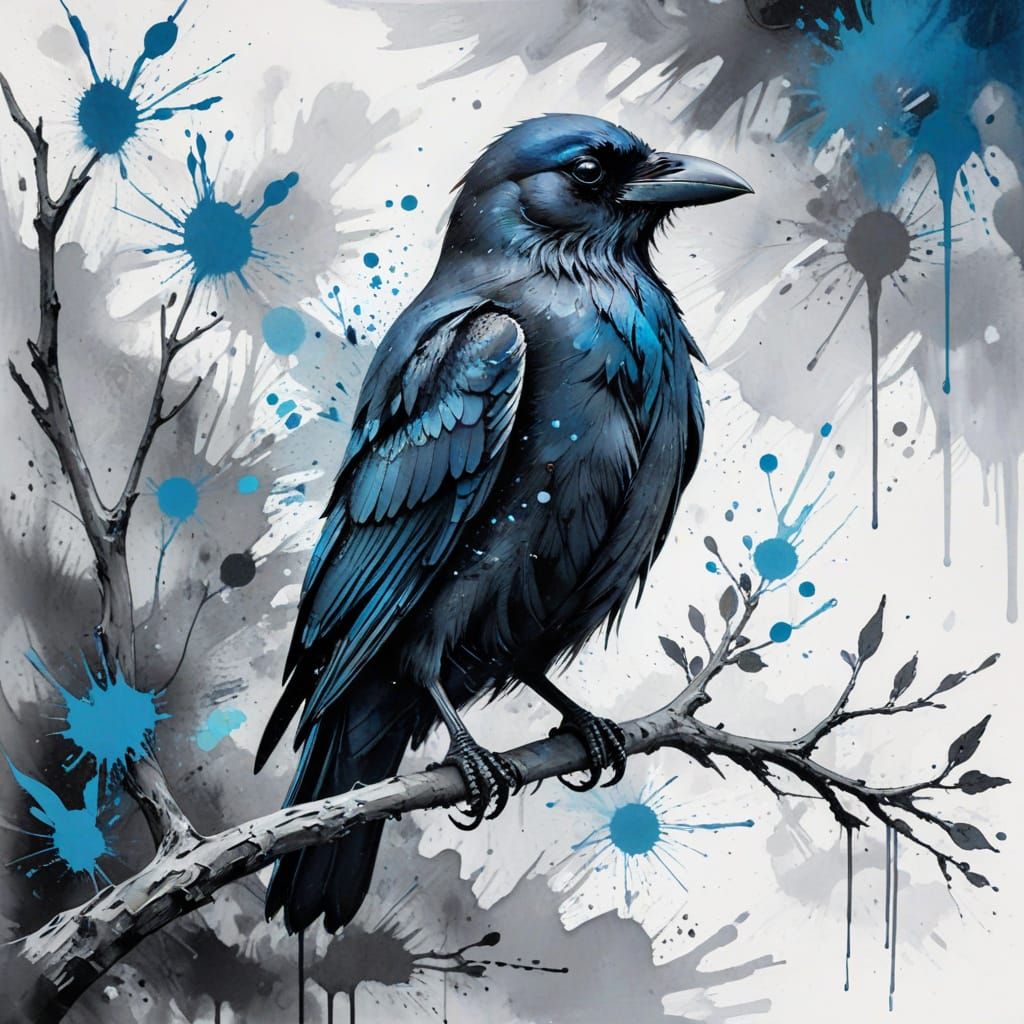 Ethereal Raven on Branch with Blue Accents