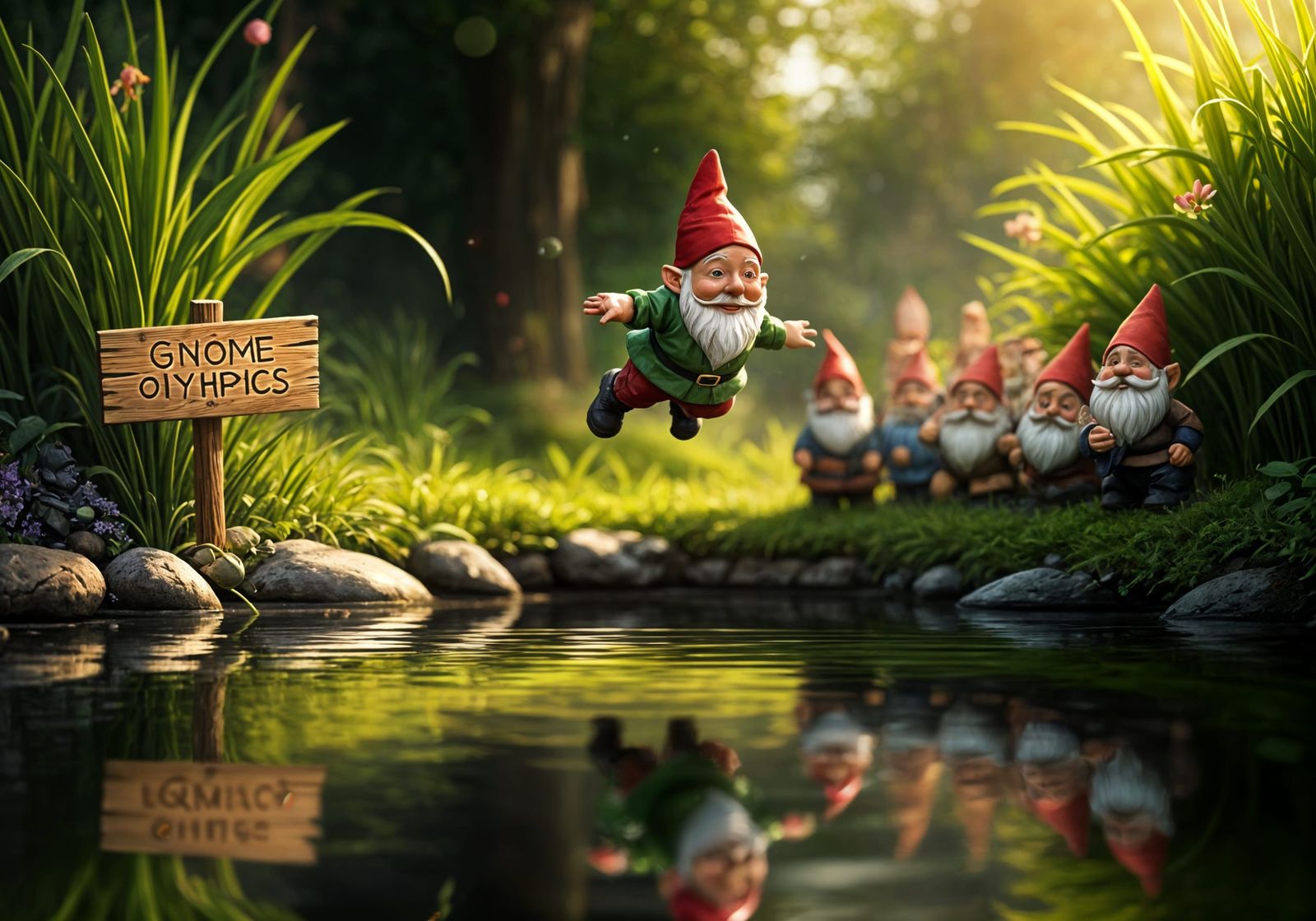 Gnome Leaps Over Pond in Gnome Olympics
