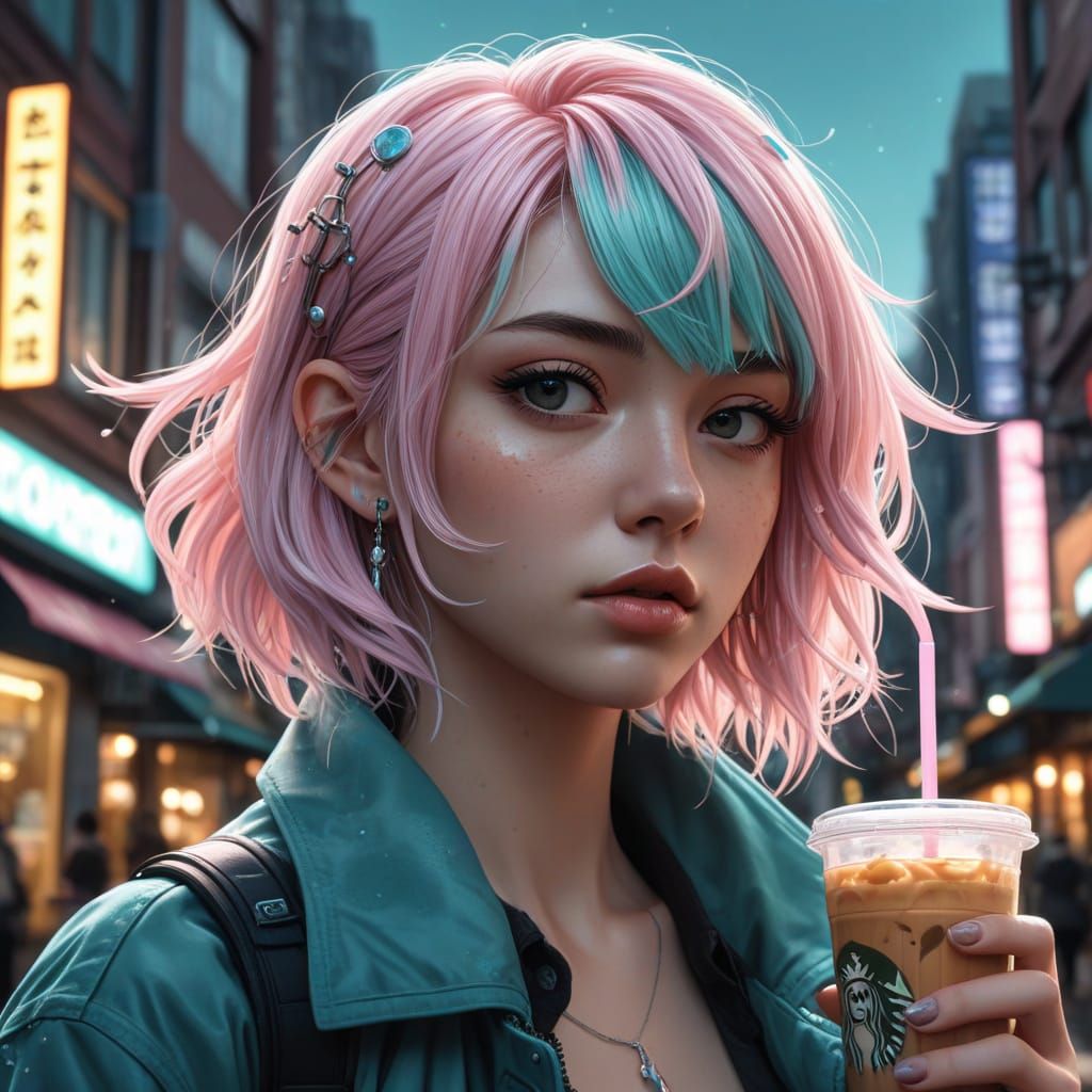 Cyber-Girl Drank Iced Latte in Vibrant Pastel Hues