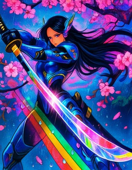 Heroine Trains with Katana in Rainbow Rain