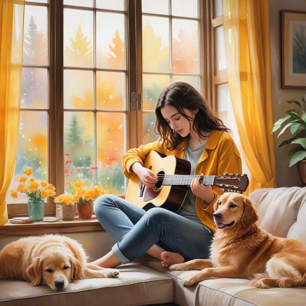 Girl and Dog in Cozy Watercolor Painting