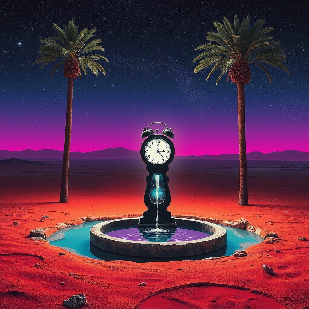 Surreal Desert Oasis with Decaying Time Machine in Neon Psyc...