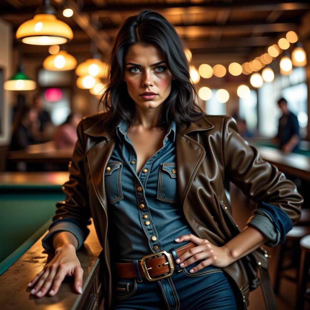 Cowgirl in Frontier Bar: Photorealistic 35mm Portrait