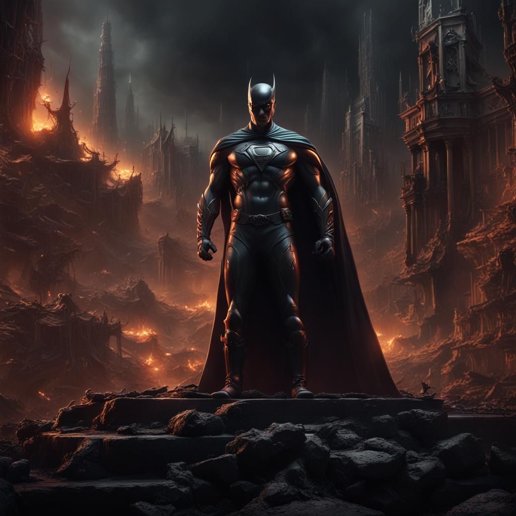Dark Superhero Punishes Evil: Detailed Matte Painting