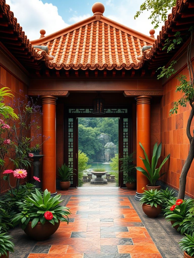 Ancient Chinese-Inspired Vestibule in Xanadu's Lush Oasis