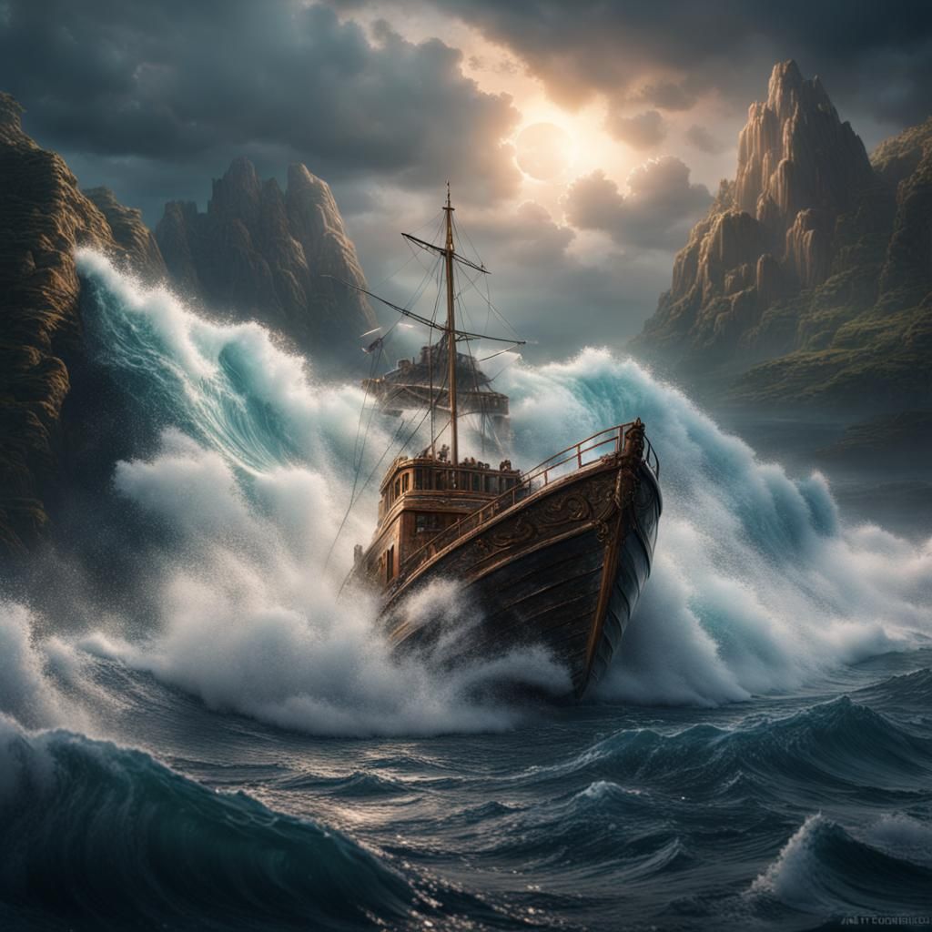 Waves Crashing Against Boat: Detailed Matte Painting