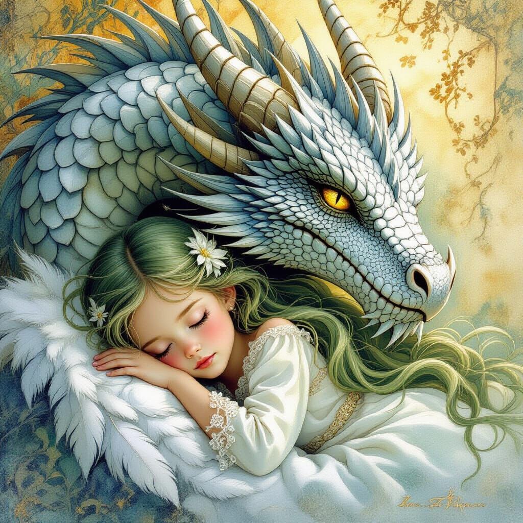 Girl Sleeping with Silver Dragon in Detailed Matte Painting