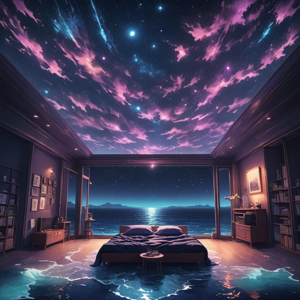Ocean Room with Starry Sky: Anime-Inspired Digital Art