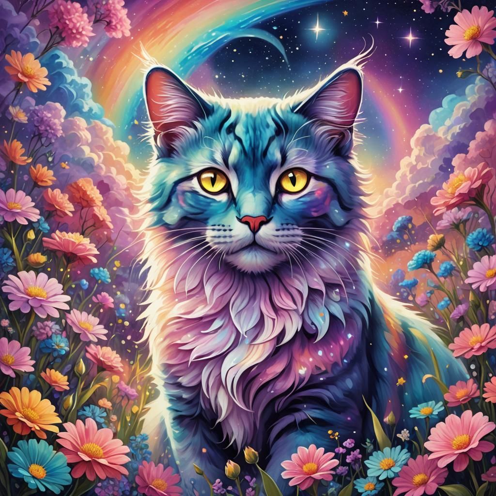 Rainbow Angel Cat in Vibrant Astral Landscape