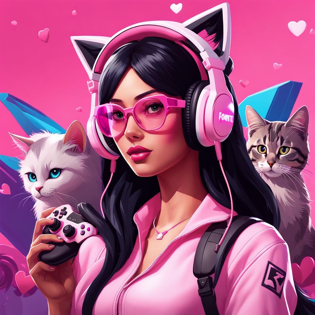Young Woman in Fortnite Style with Pink Accessories