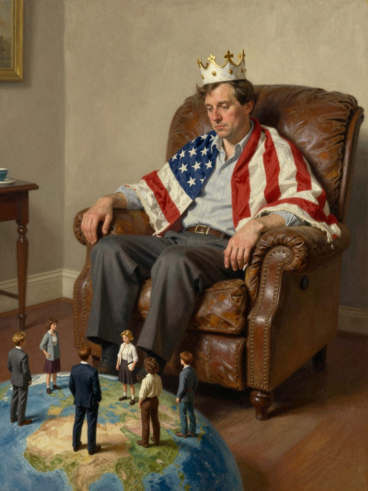 Man in Paper Crown on Lazy Boy, Judging Miniature World