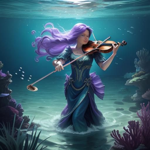 Underwater Dance with Violin in Vibrant Fantasy Art