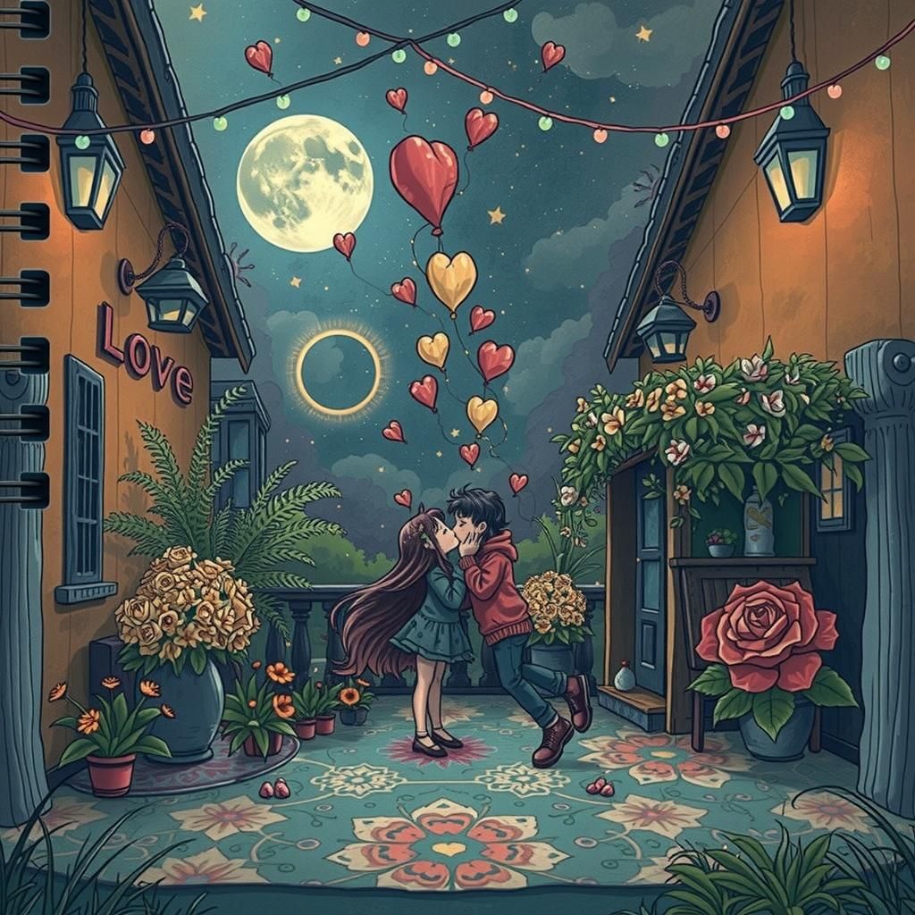 Valentine Kiss in Psychedelic Doodle Art