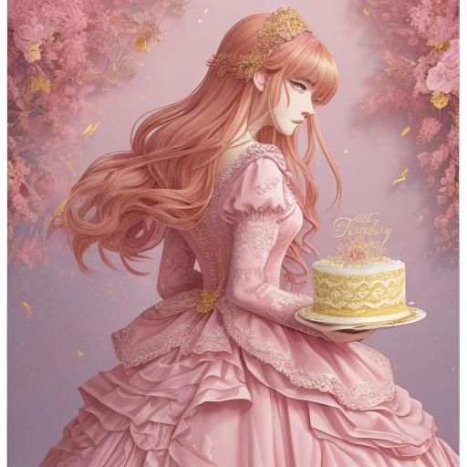 Anime Girl in Pink Gown with Birthday Cake