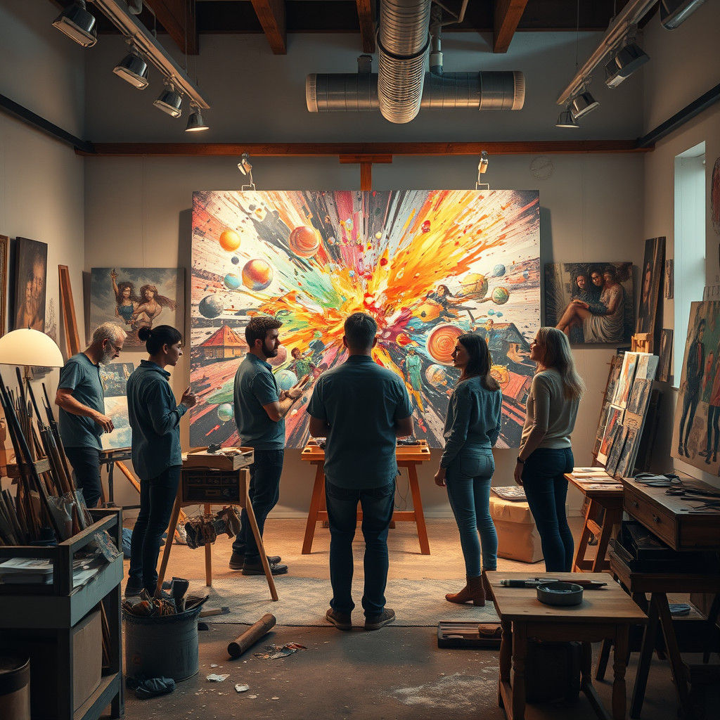 Hyperrealistic Art Studio Scene with Artists