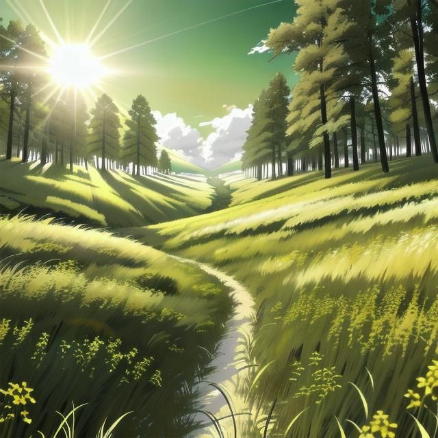 Sunlit Windswept Heath and Forest Landscape