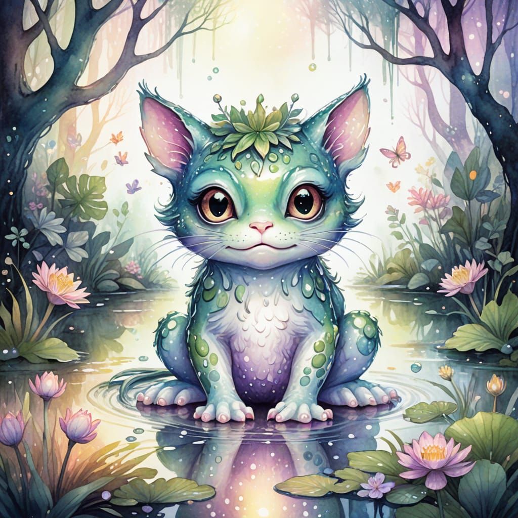 Magical Frog Cat Chimera in Mystical Forest