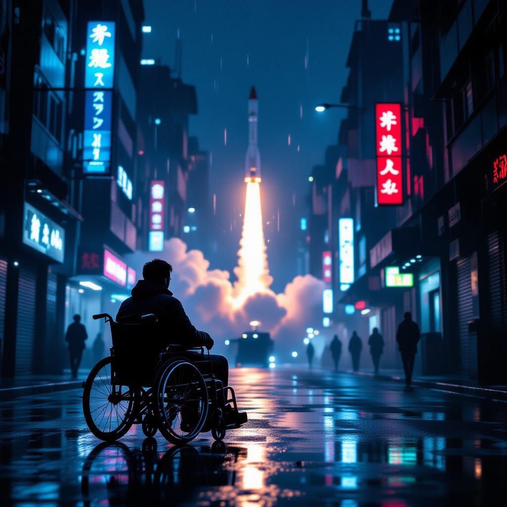 Cyberpunk Wheelchair Silhouette with DNA Rocket Launch