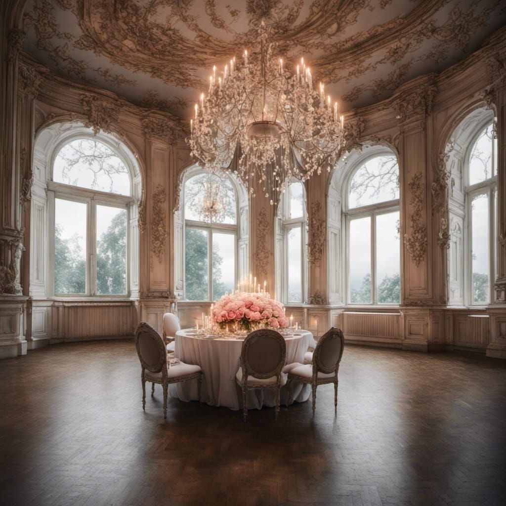 Rococo Ballroom with Chandelier and Roses