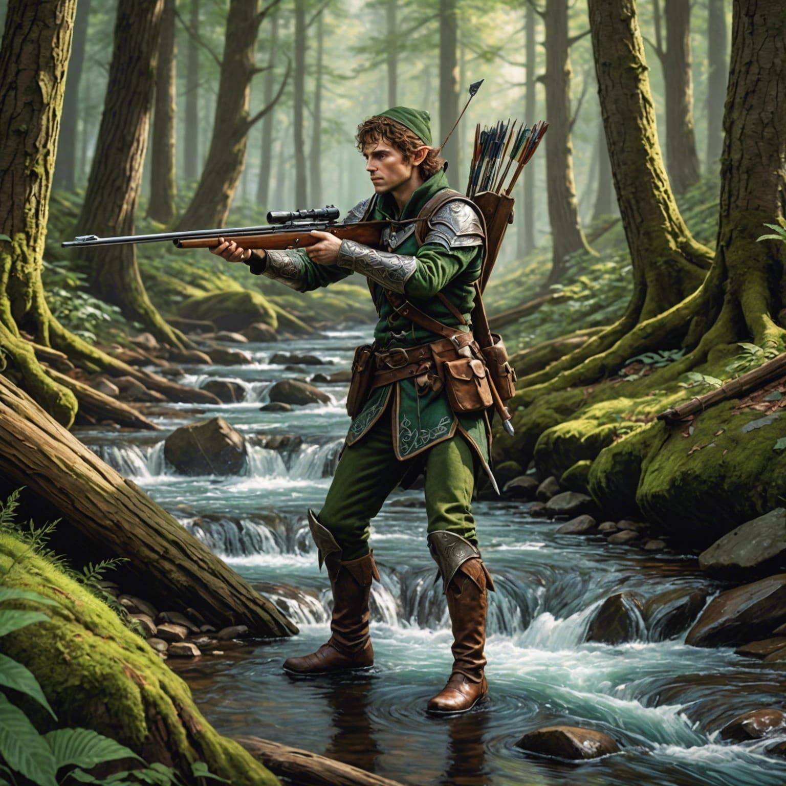 Half-Elf Ranger in Forest, Colored Pencil Drawing