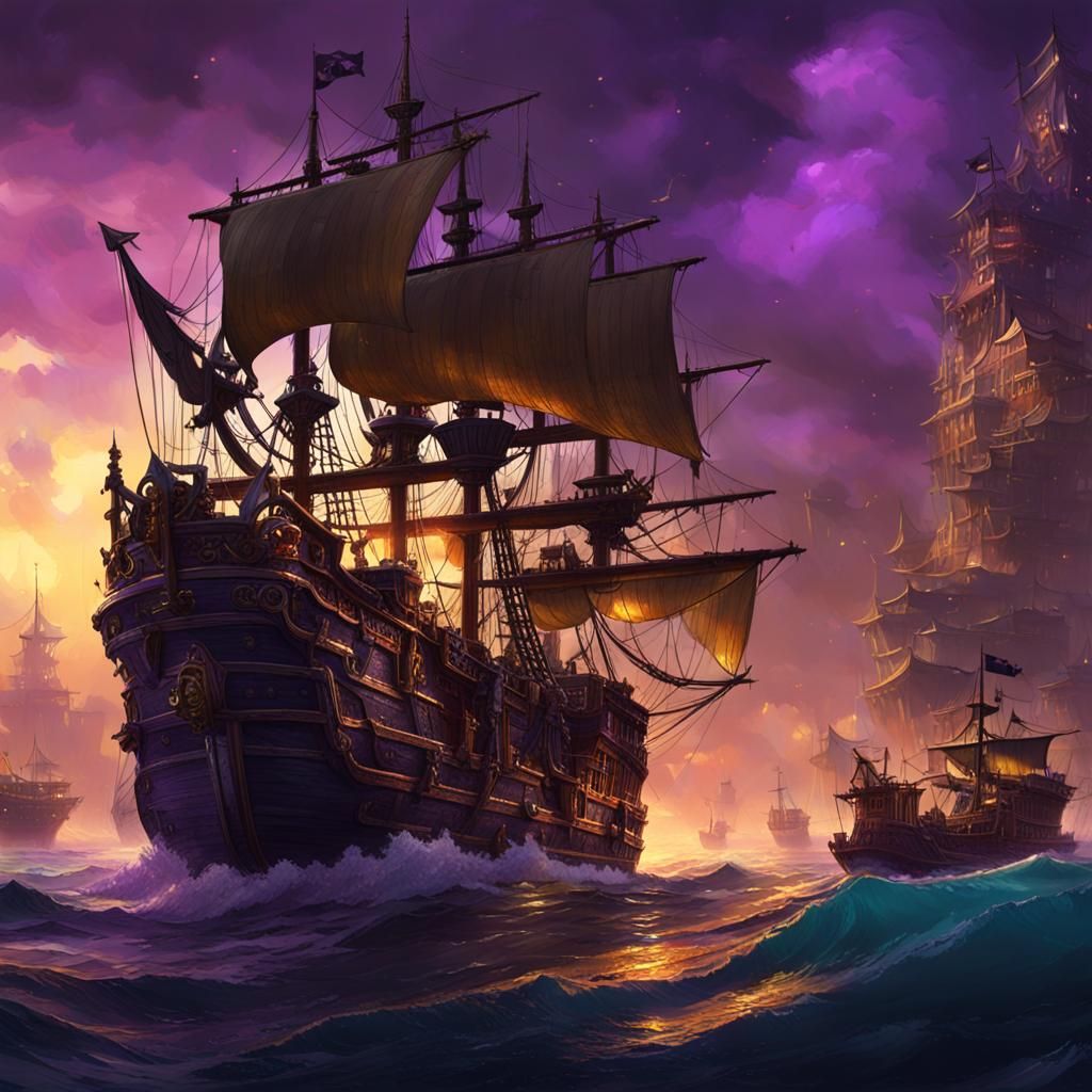 Detailed Pirate Ships in Dark Fantasy Style