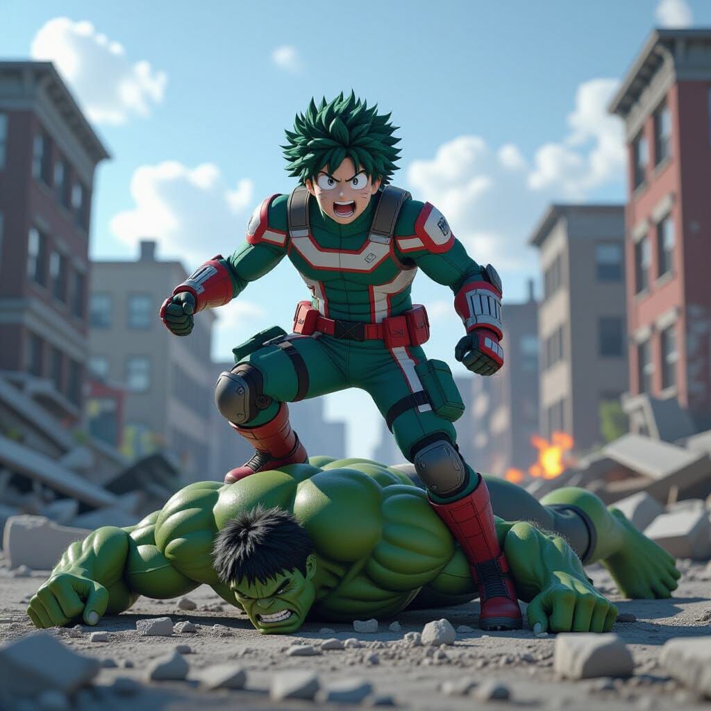 Izuku Midoriya Knocks Out Hulk in City Ruins