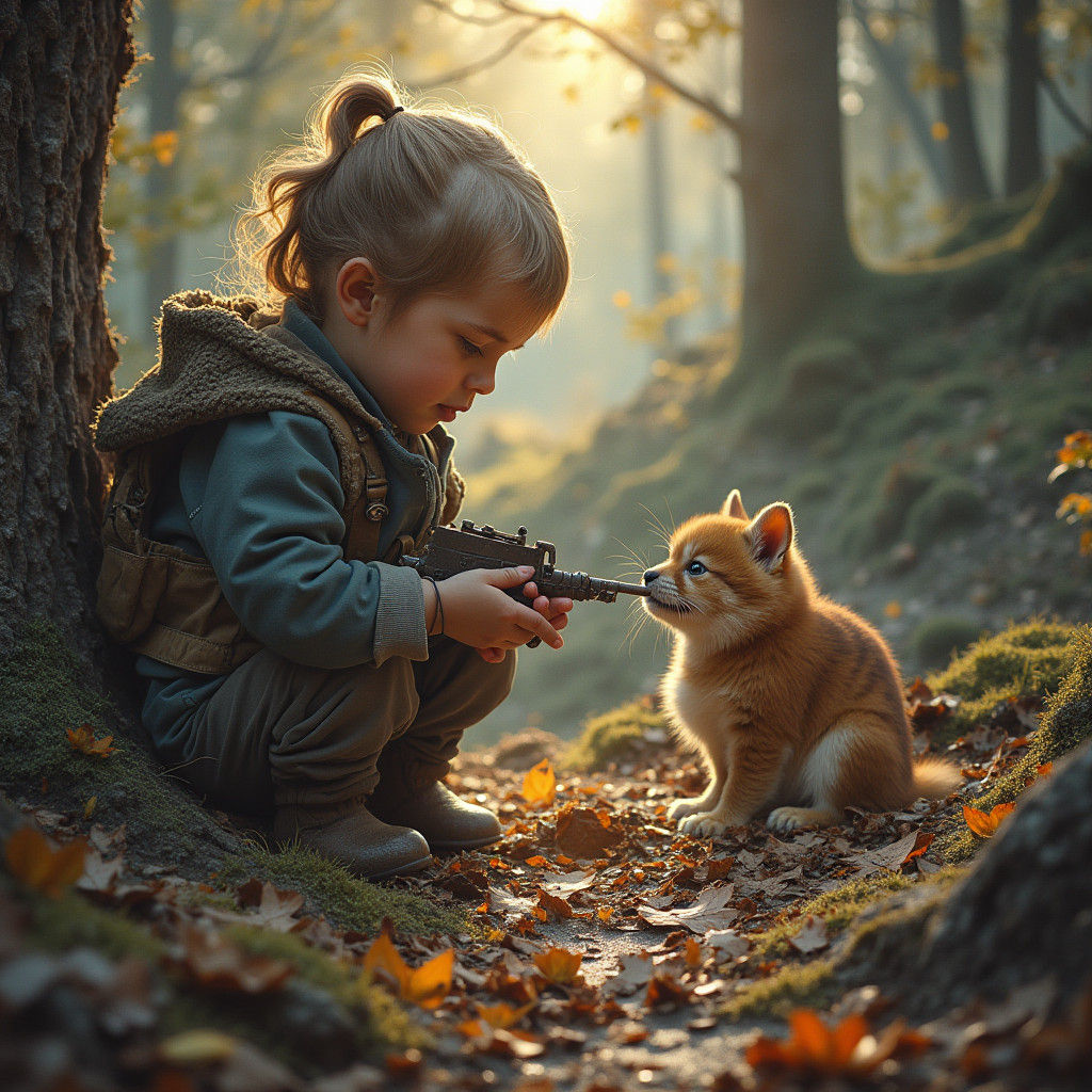 Children Gaze at Christmas Tree in Rustic Cabin