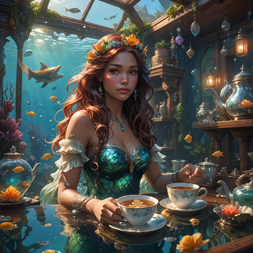 Mermaid Sipping Tea Portrait, Hyperrealistic Digital Art