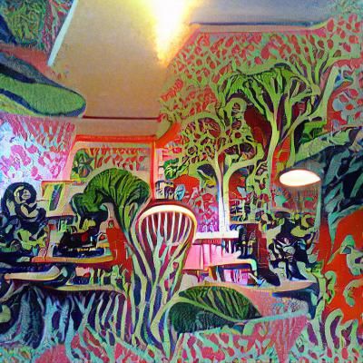 overgrown cafe woodcut maximalist psychedelic