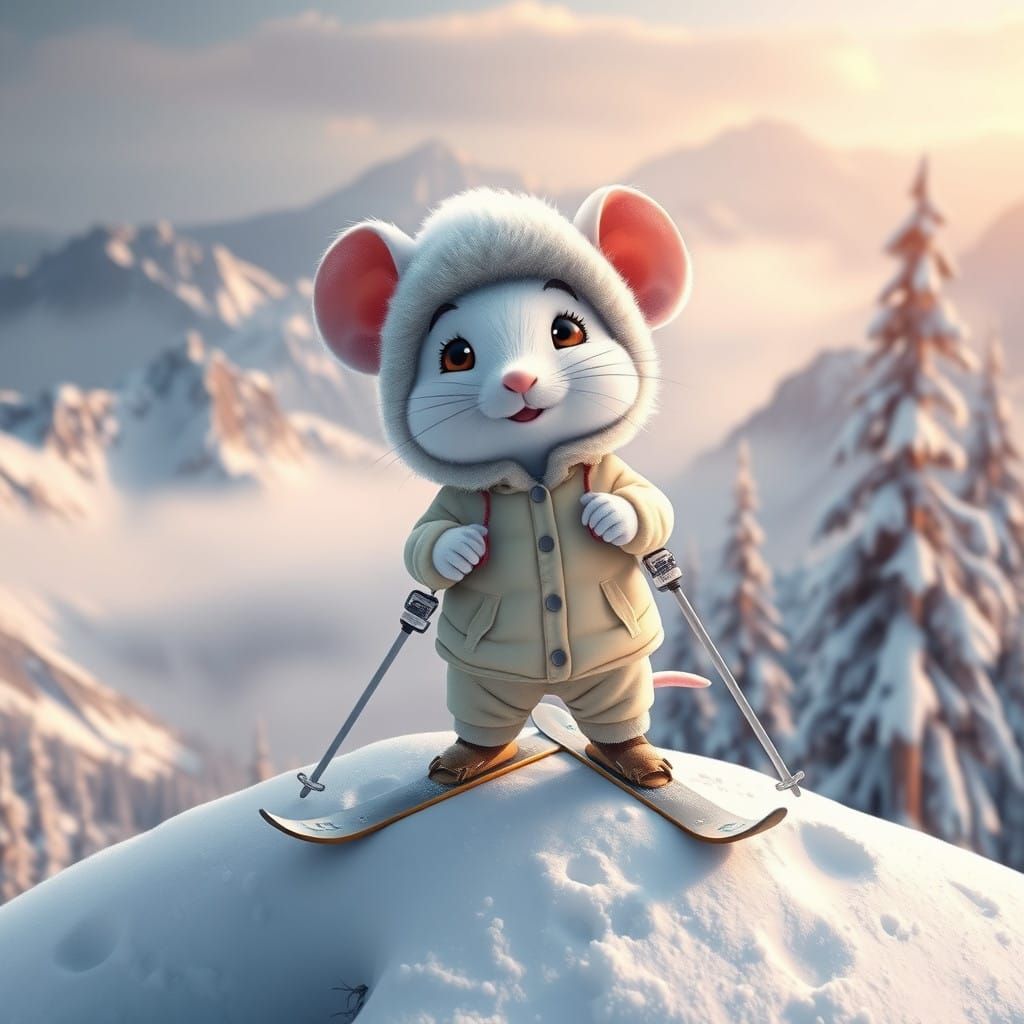 Whimsical Mouse on Snowy Mountain Peak