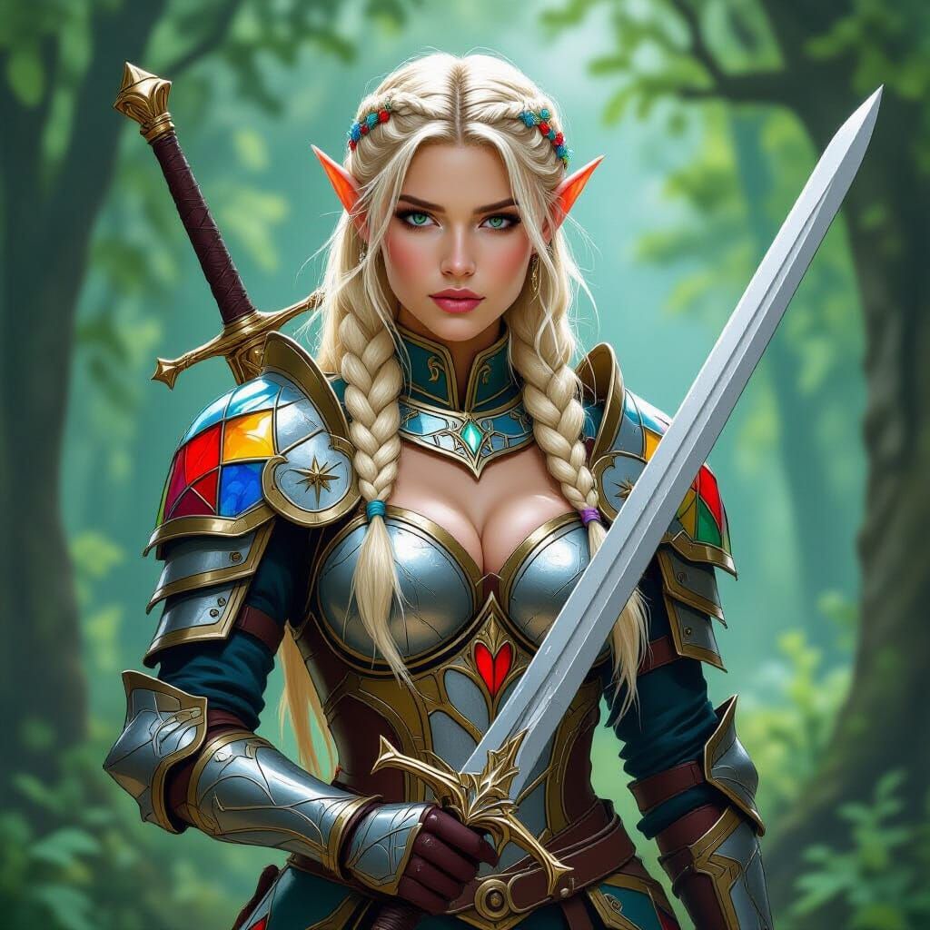 Elf Warrior in Stained Glass Armor Wielding Sword in Forest