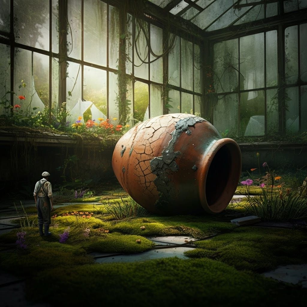 Overgrown Greenhouse with Contemplative Gardener