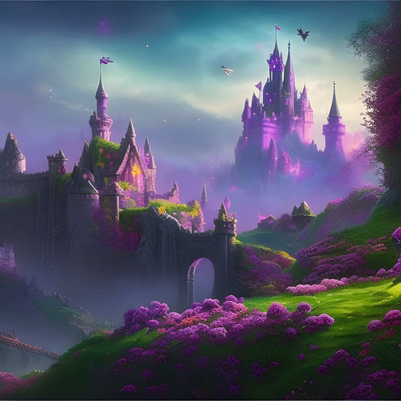 Fantasy fairy house, Purple flowers in foreground corner, ca...