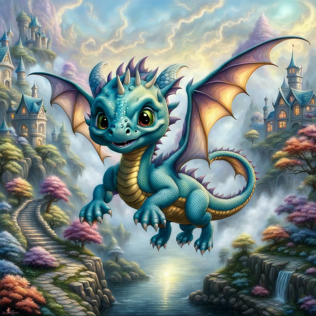 Cartoon Baby Dragon in Ethereal Fantasy Landscape