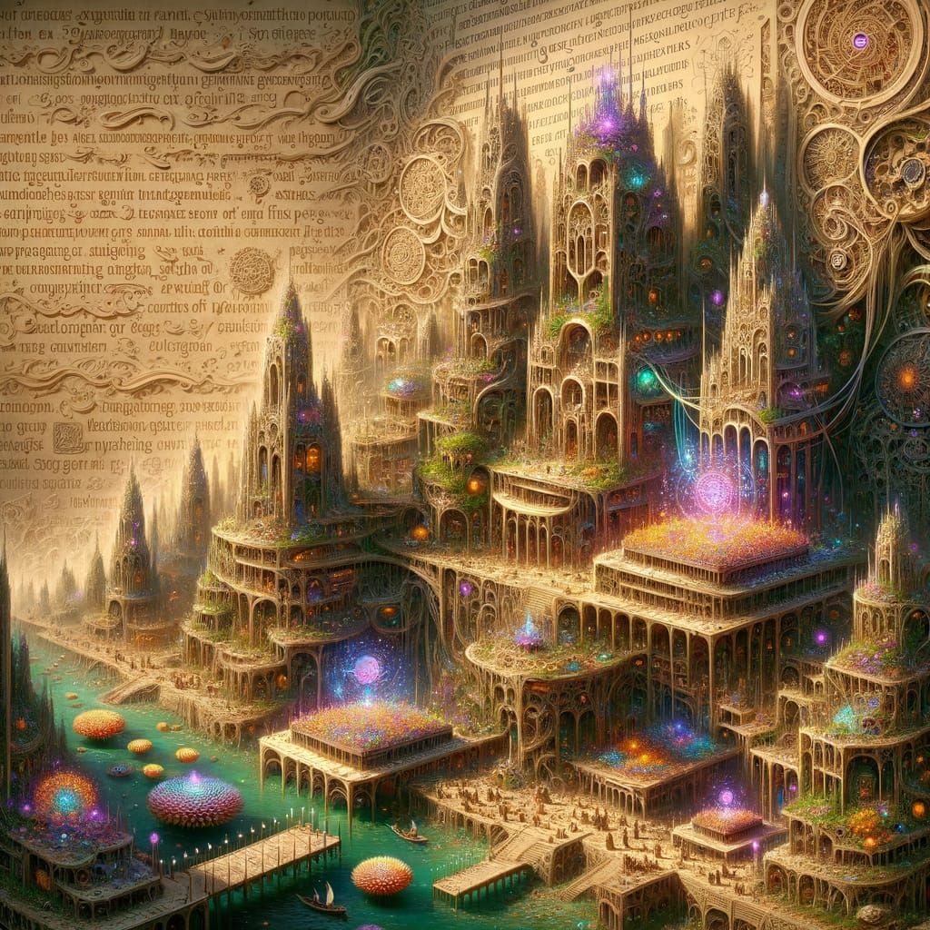 Enchanted Village Within Ancient Scroll