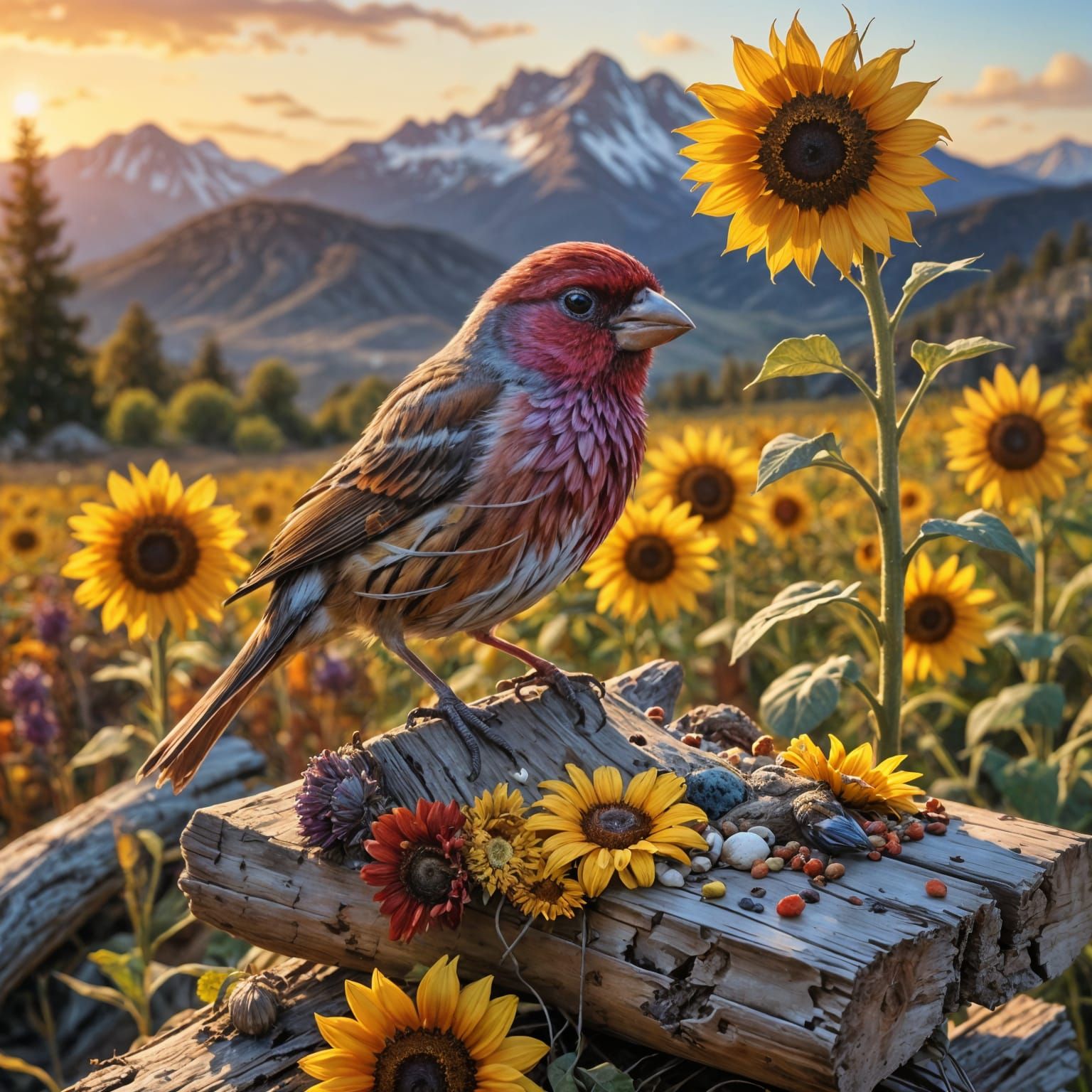 Purple Finch on Sunflower in Sunset Oil Painting
