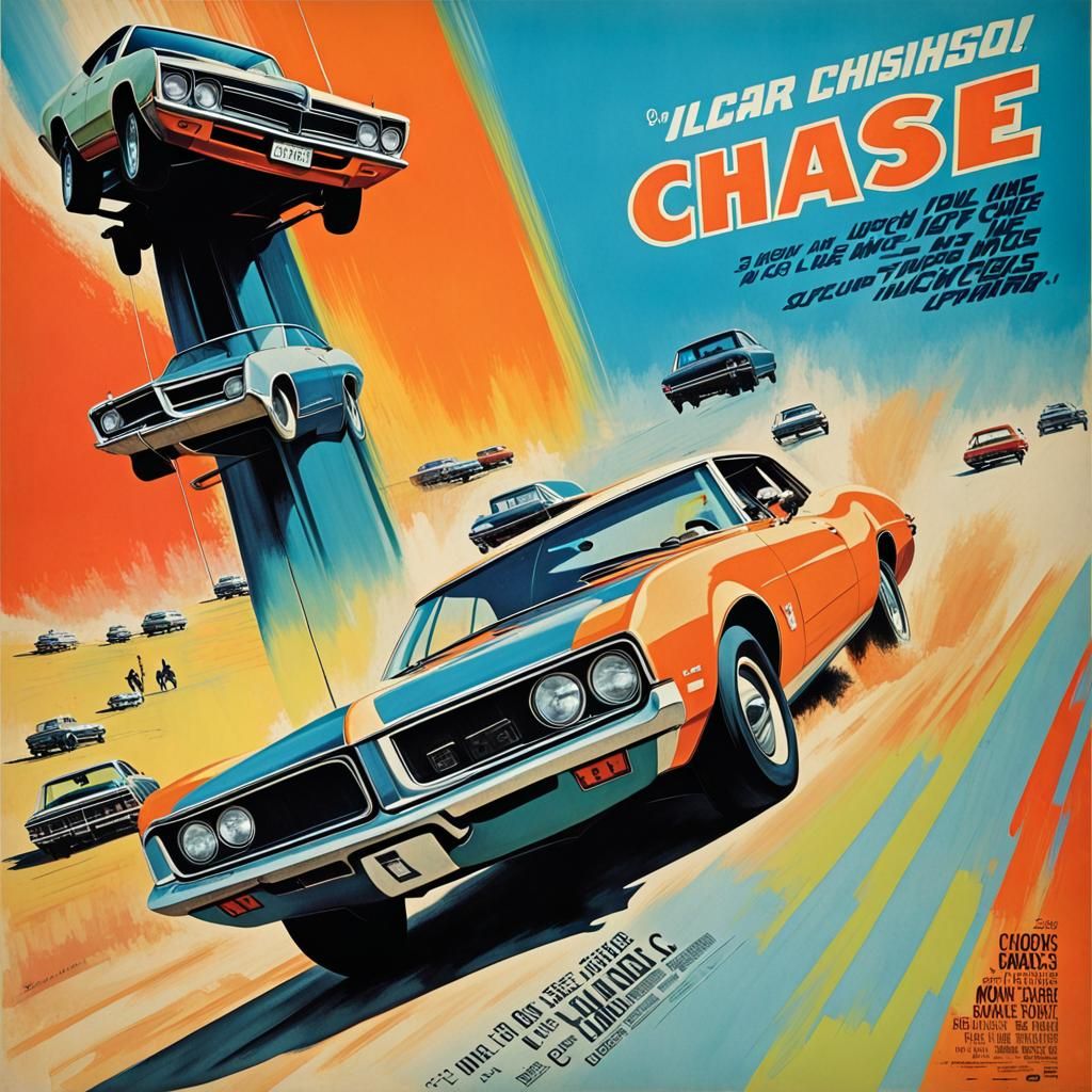 Retro Car Chase Movie Poster in Bright Colors