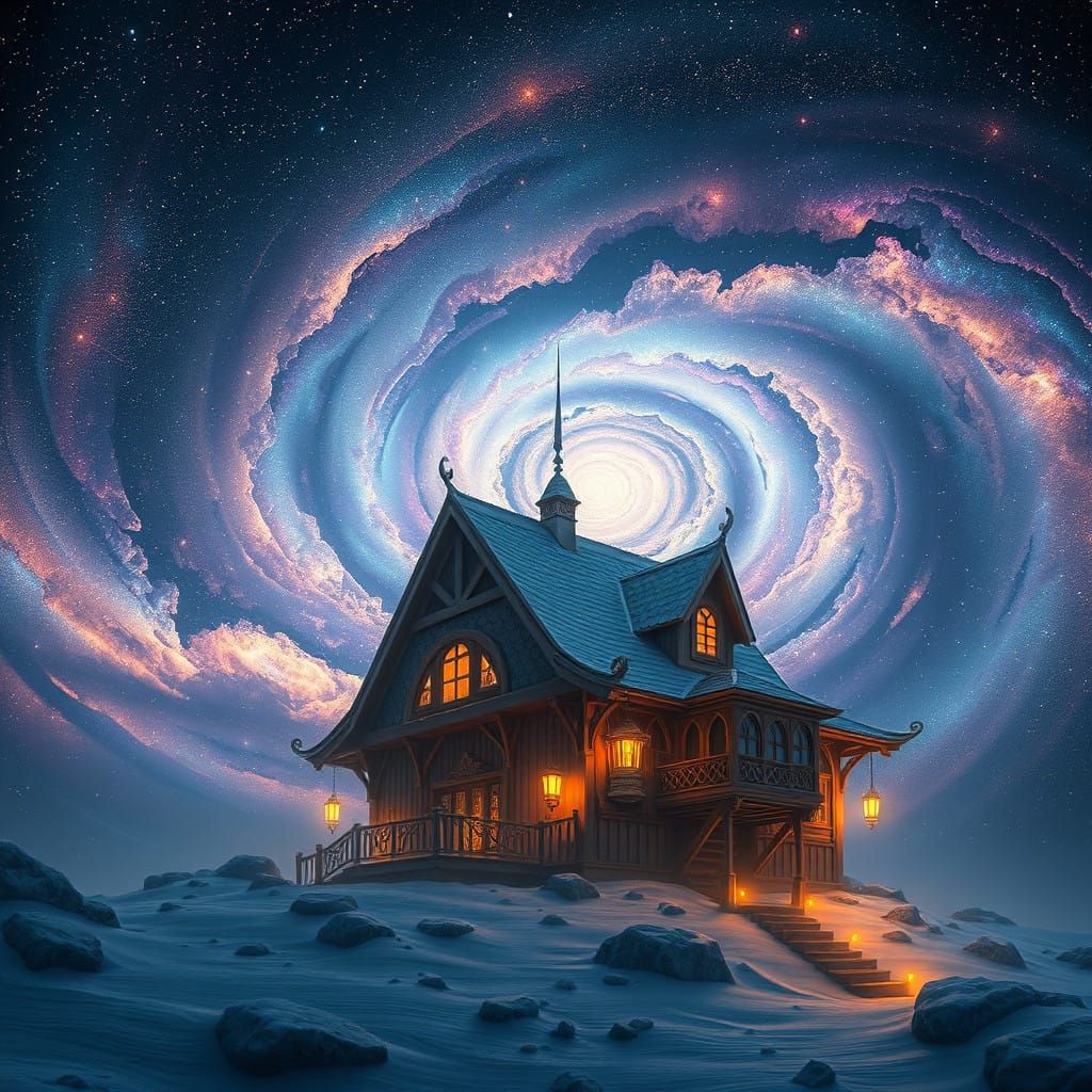 Mystical Cabin Amidst Swirling Galactic Vortex