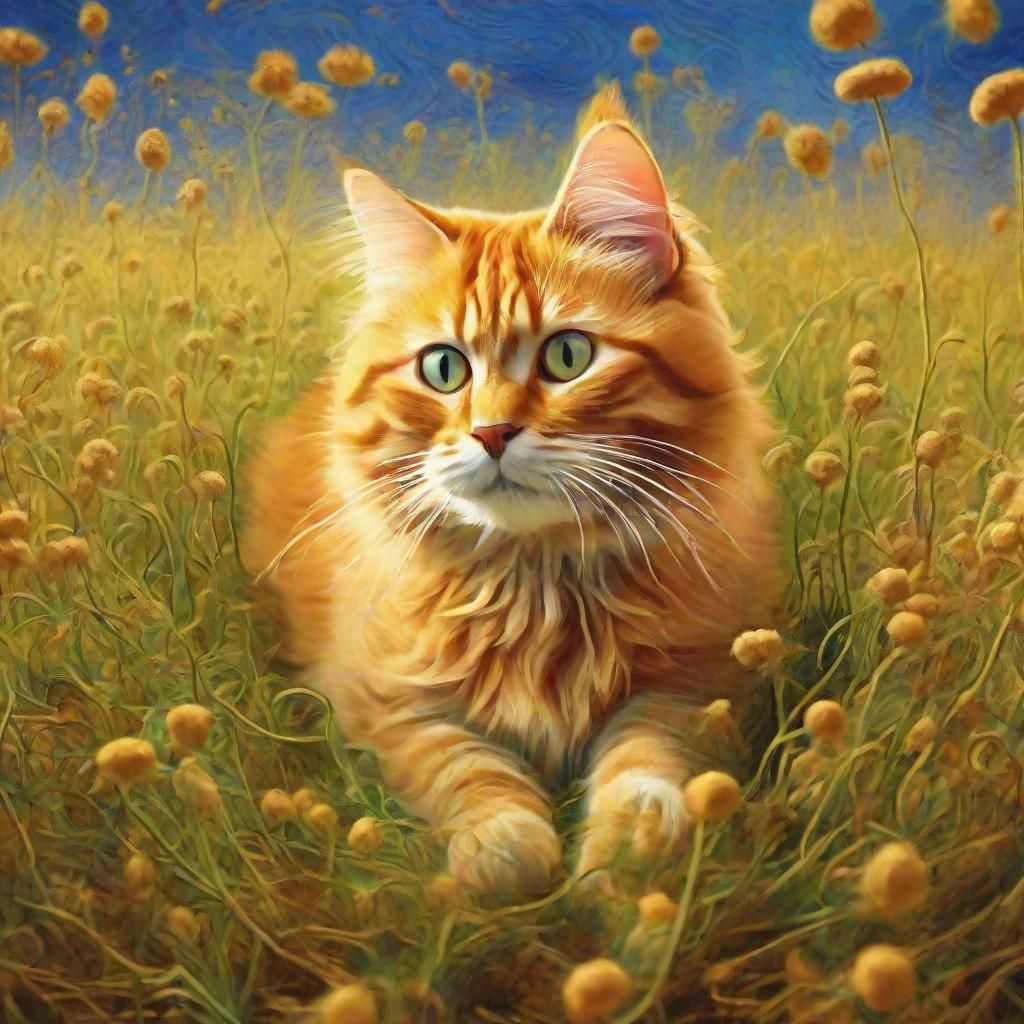 Cat Rolls in Catnip Field: Surreal Fauvist Style