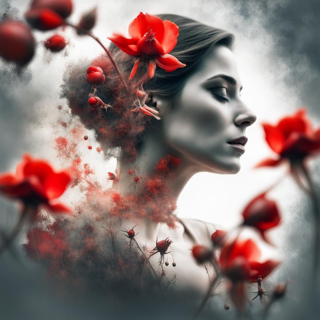 Rosehips Double Exposure Portrait in Vintage Style