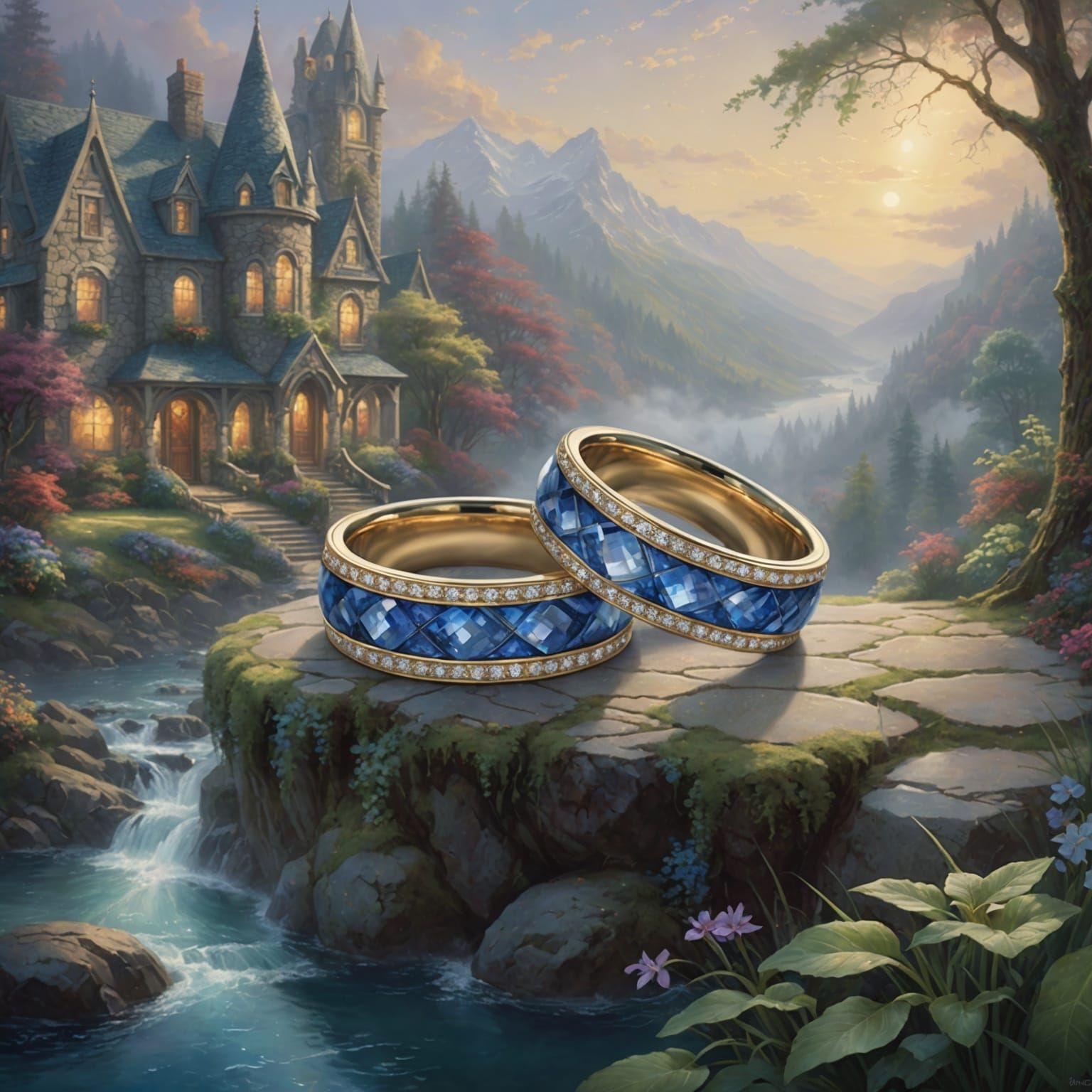 Intricate Wedding Bands with Sapphire Gem in Fantasy Style